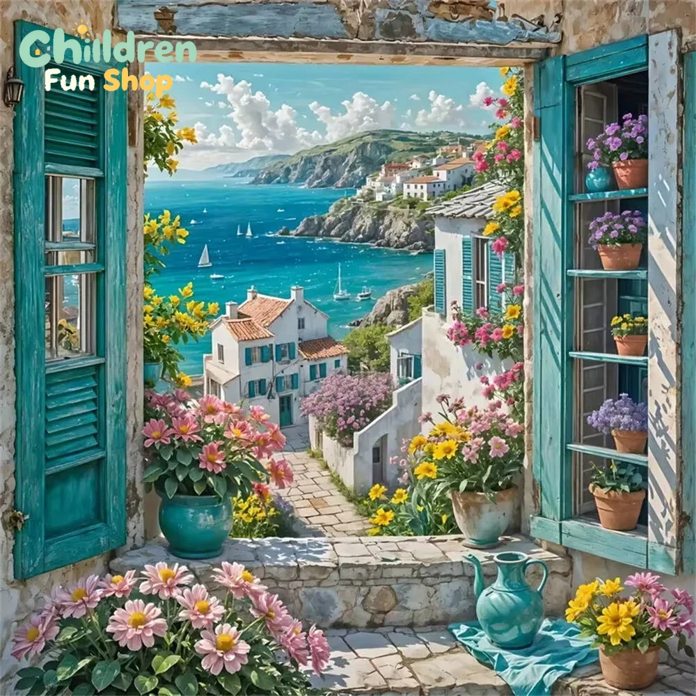 DIY Blue Window Floral Coastal - Resin Art Wallpaper ulasan dan harga