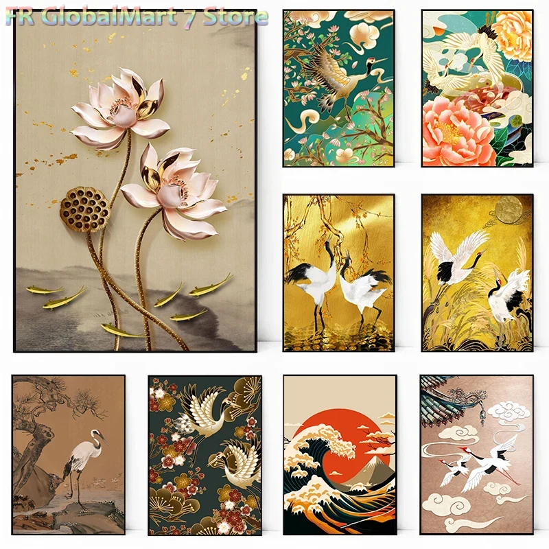 Retro Crane Bird Wall Art Prin - Resin Art Wallpaper ulasan dan harga